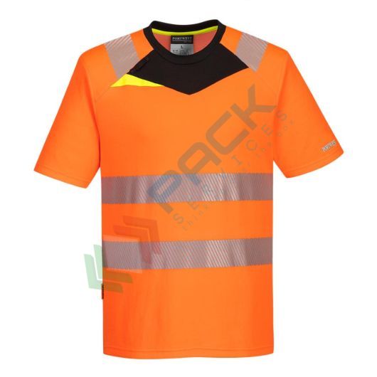T-shirt alta visibilità in tessuto EasyCool 100% poliestere, mesh a spillo, 150 gr, modello DX4 rinfrescante di alta qualità, certificata CE + EN ISO 20471 Classe 2, colore arancione/nero, tg. S