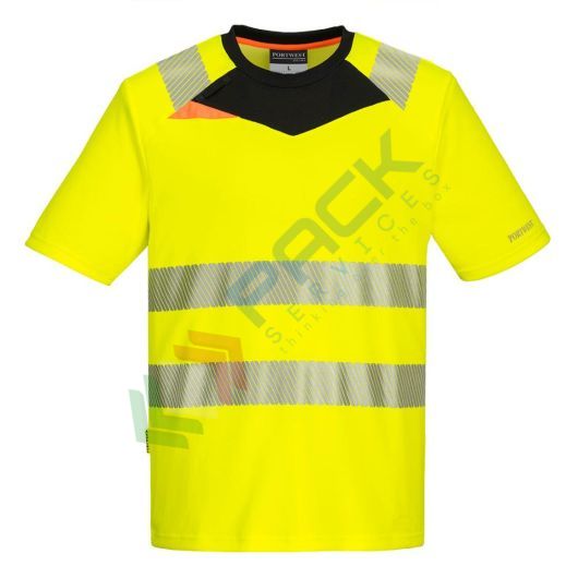 T-shirt alta visibilità in tessuto EasyCool 100% poliestere, mesh a spillo, 150 gr, modello DX4 rinfrescante di alta qualità, certificata CE + EN ISO 20471 Classe 2, colore giallo/nero, tg. XXL