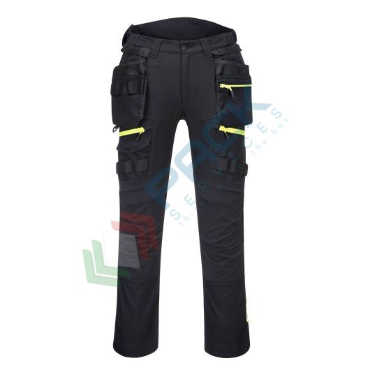 Pantalone da lavoro con tasche rimovibili, tessuto Kingsmill Stretch, 93% poliestere + 7% elastan, 270 gr, omologato EN 14404, modello Holster DX4, vestibilità regular, colore nero