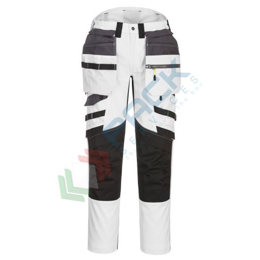 [DX440WGR32] Pantalone da lavoro con tasche rimovibili, tessuto Kingsmill Stretch, 93% poliestere + 7% elastan, 270 gr, omologato EN 14404, modello Holster DX4, vestibilità regular, colore bianco/grigio