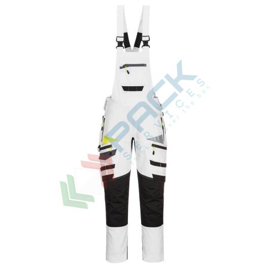 Salopette da lavoro multitasche, tessuto Kingsmill Stretch 93% poliestere + 7% elastan, 270 gr, modello DX4, con banda riflettente HiVisTex Pro leggera, colore bianco/grigio