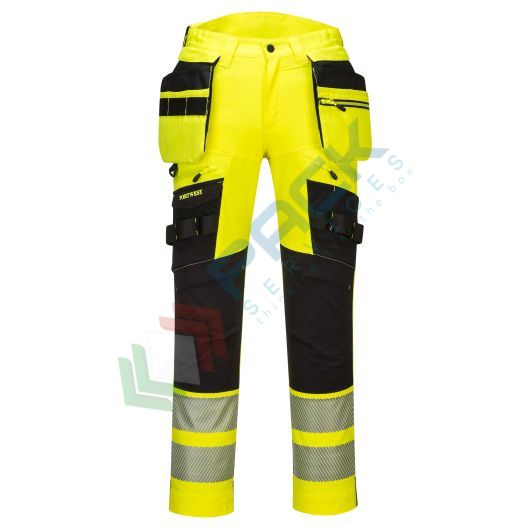 Pantaloni alta visibilità in tessuto Titanmill Pro Stretch (92% Poliestere + 8% Elastane), con tasca Holster staccabile, 240 gr, 16 tasche ampie modello DX4, omologati CE + EN ISO 20471 Classe 2, colore giallo/nero, tg. XS