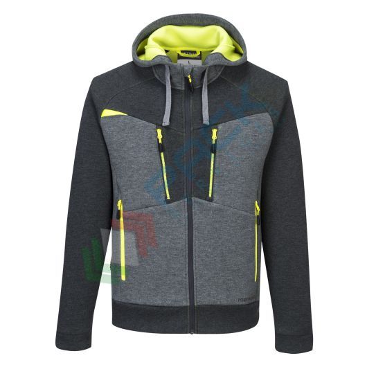 Felpa da lavoro con cappuccio, modello Stretch dinamico DX4, 75% poliestere + 20% rayon + 5% elastan, 330 gr, chiusura con zip,colore grigio