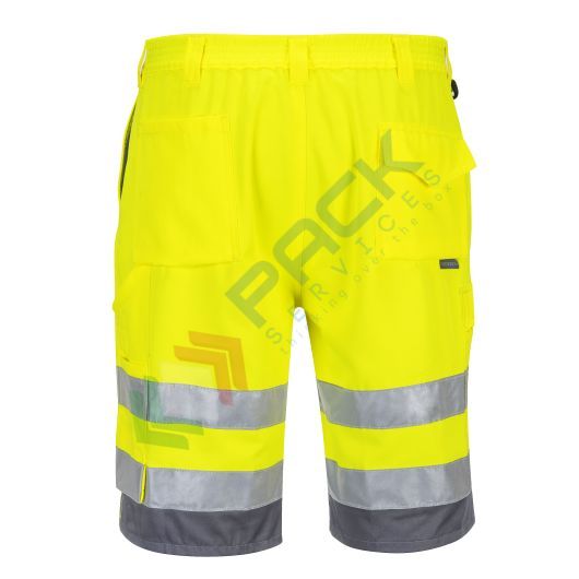 Bermuda alta visibilità, modello estivo, 65% poliestere + 35% cotone, 245 gr, EN ISO 20471, colore giallo/grigio