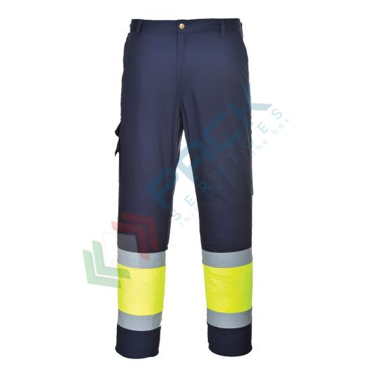 Pantaloni alta visibilità in tessuto Kingsmill Polycotton (65% poliestere + 35% cotone) 245 gr, 8 tasche ampie, modello Combat bicolore , vestibilità regular, omologati CE + EN ISO 20471 Classe 1, colore giallo/blu navy, tg. S