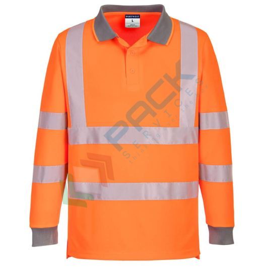 Polo alta visibilità in tessuto 100% poliestere riciclato, punto occhio di pernice, 175 gr, maniche lunghe, certificata CE + EN ISO 20471 Classe 2, colore arancione, tg. XXXL (Conf. 6 Pz)