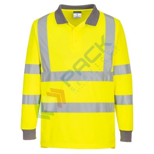 Polo alta visibilità in tessuto 100% poliestere riciclato, punto occhio di pernice, 175 gr, maniche lunghe, certificata CE + EN ISO 20471 Classe 2, colore giallo, tg. 4XL (Conf. 6 Pz)