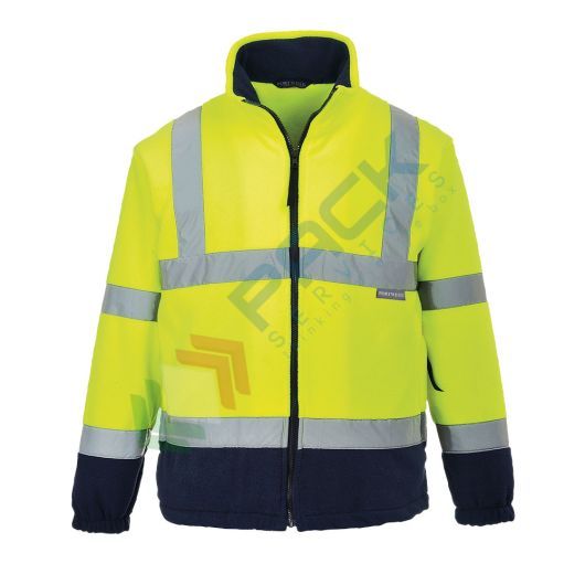 [F301YNR4XL] Pile alta visibilità colletto alto, senza cappuccio, Mesh foderato, 100% poliestere, 300 gr, chiusura con zip, omologato EN ISO 20471 + EN 14058, colore giallo + blu navy