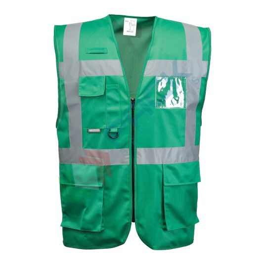 [F476BGRXL] Gilet alta visibilità 100% poliestere ordito a maglia, 124 gr, modello Iona Executive, con porta badge doppio verso, passante radio e tasche multifunzione, omologato EN 17353 Tipo B3, colore verde, taglia XL