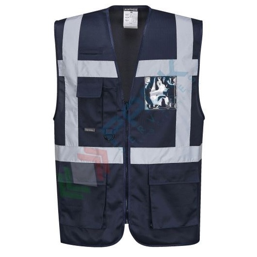 [F476NARL] Gilet alta visibilità 100% poliestere ordito a maglia, 124 gr, modello Iona Executive, con porta badge doppio verso, passante radio e tasche multifunzione, omologato EN 17353 Tipo B3, colore blu navy, taglia L