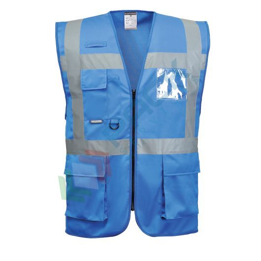 [F476RBRXL] Gilet alta visibilità 100% poliestere ordito a maglia, 124 gr, modello Iona Executive, con porta badge doppio verso, passante radio e tasche multifunzione, omologato EN 17353 Tipo B3, colore blu royal, taglia XL