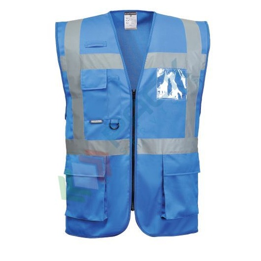 [F476RBRXL] Gilet alta visibilità 100% poliestere ordito a maglia, 124 gr, modello Iona Executive, con porta badge doppio verso, passante radio e tasche multifunzione, omologato EN 17353 Tipo B3, colore blu royal, taglia XL
