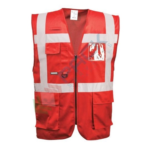 [F476RERM] Gilet alta visibilità 100% poliestere ordito a maglia, 124 gr, modello Iona Executive, con porta badge doppio verso, passante radio e tasche multifunzione, omologato EN 17353 Tipo B3, colore rosso, taglia M