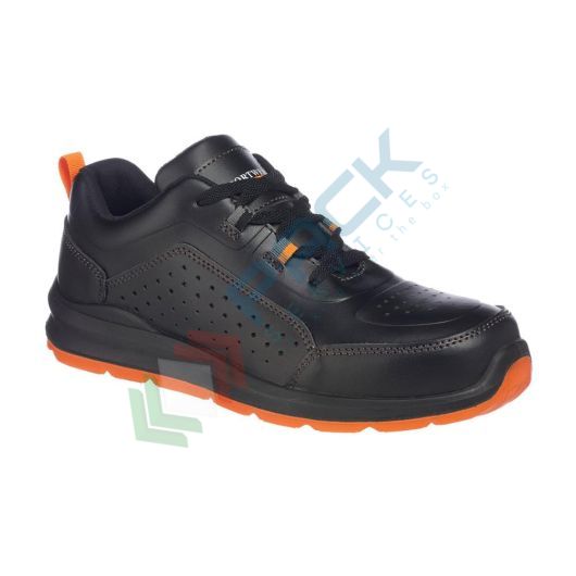 [FC09BKO38] Scarpe antinfortunistiche da lavoro S1P, serie COMPOSITELITE®, basse, in pelle liscia traforata, puntale in composito, colore nero/arancione