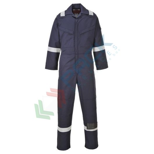 Tuta da lavoro ignifuga da saldatura, in tessuto Bizflame Plus 99% cotone + 1% fibra di carbonio, 350 gr, omologata EN ISO 11612 + EN ISO 11611 + EN 1149, modello FR Aberdeen, colore blu navy