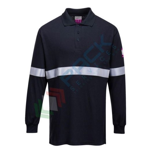 Polo da lavoro antistatica in tessuto Modaflame, 60% Modacrilico + 39% Cotone + 1% Fibra di carbonio, 200 gr, omologata EN ISO 11612 + EN 1149, maniche lunghe, con banda riflettente, colore blu navy