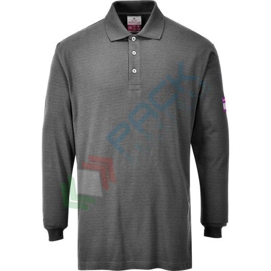 Polo da lavoro antistatica in tessuto Modaflame, 60% Modacrilico + 39% Cotone + 1% Fibra di carbonio, 200 gr, omologata EN ISO 11612 + EN 1149, maniche lunghe, colore grigio