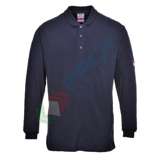 Polo da lavoro antistatica in tessuto Modaflame, 60% Modacrilico + 39% Cotone + 1% Fibra di carbonio, 200 gr, omologata EN ISO 11612 + EN 1149, maniche lunghe, colore blu navy