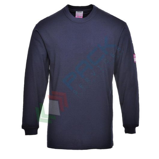T-Shirt da lavoro antistatica in tessuto Modaflame, 60% Modacrilico + 39% Cotone + 1% Fibra di carbonio, 200 gr, omologata EN ISO 11612 + EN 1149, maniche lunghe, colore blu navy