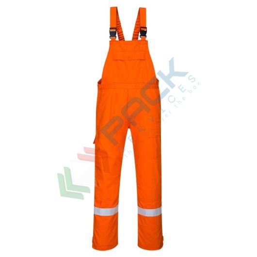 Salopette da lavoro ignifuga in tessuto Bizflame Plus, 99% cotone + 1% fibra di carbonio, 350 gr, omologata EN ISO 11612 + EN ISO 11611 + EN 1149, con nastro riflettente ad alta visibilità, colore arancione