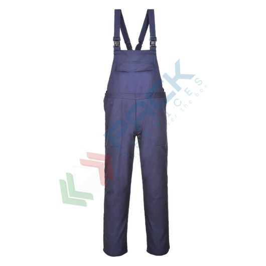 Salopette da lavoro ignifuga in tessuto Bizflame Pro 99% cotone + 1% fibra di carbonio, 330 gr, omologata EN ISO 11612 + EN ISO 11611 + EN 1149, colore blu navy