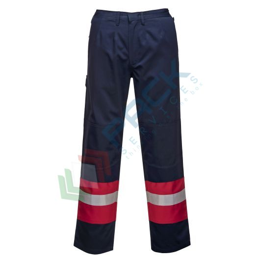 Pantalone da lavoro ignifugo, 99% Cotone + 1 % Fibra di carbonio, 350 gr, omologato EN ISO 11612 + EN ISO 11611 + EN 1149, modello Bizflame Plus, vestibilità regular, colore blu navy