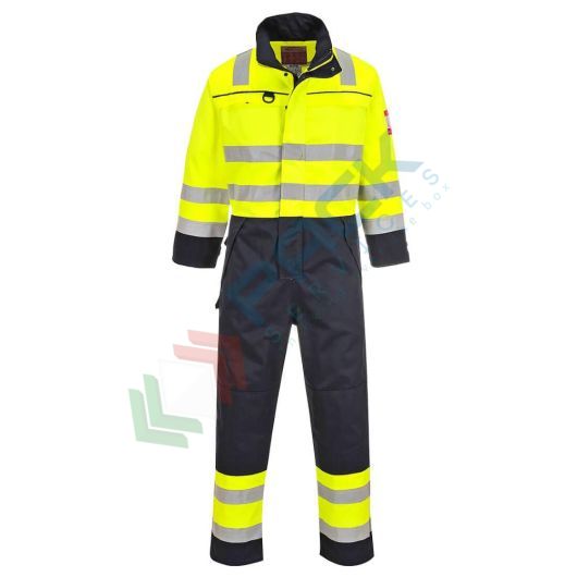 [FR60YNRXXL] Tuta alta visibilità multinorma in Bizflame Work HV (99% cotone + 1% fibra di carbonio) 345 gr, certificata EN ISO 11612 + EN ISO 11611 + EN 1149 -5 + IEC 61482 + EN 13034 + EN ISO 20471 Classe 3, colore giallo/blu navy, tg. XXL