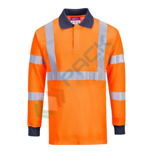 Polo alta visibilità ignifuga, in modaflame HVO Knit (45% modacrilico + 25% poliestere + 23% cotone + 6% aramide + 1% antistatico, 220 gr, maniche lunghe, CE + EN ISO 20471 Classe 3 + IEC 61482-2 + EN 1149 -5 + EN ISO 11612, colore arancio, tg. S