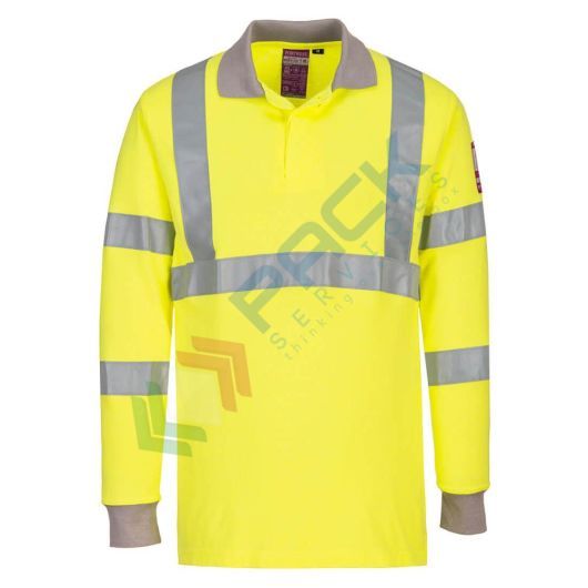 Polo alta visibilità antistatica ed ignifuga, in tessuto modaflame HV (60% modacrilico + 39% cotone + 1% fibra di carbonio, 210 gr, maniche lunghe, certificata CE + EN ISO 20471 Classe 3 + IEC 61482-2 + EN 1149 -5 + EN ISO 11612, colore giallo, tg. XXL