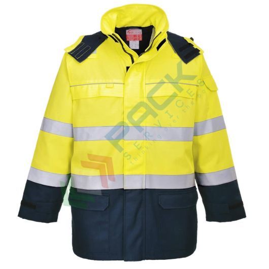 [FR79YNRXXL] Giacca alta visibilità ignifuga, 80% Cotone + 19% Poliestere + 1% Fibra di Carbonio, omologata EN ISO 11612 + EN 1149 + EN ISO 20471 + EN 343 + EN 13034 + EN ISO 11611 + IEC 61482, modello Bizflame, colore giallo + blu navy, taglia XXL