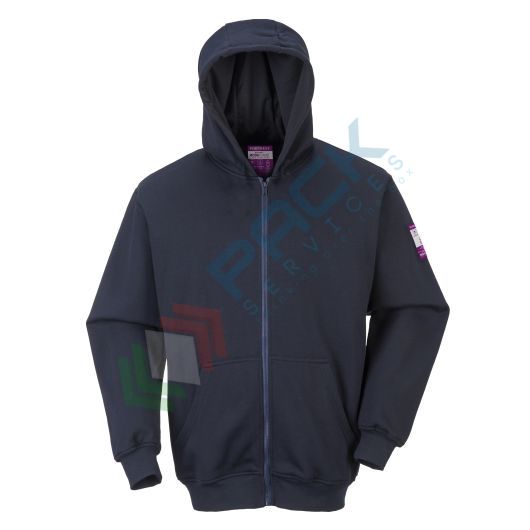 Felpa da lavoro antistatica ed ignifuga, con cappuccio, 60% Modacrilico + 39% Cotone + 1% Fibra di Carbonio, 300 gr, omologata EN ISO 11612 + EN 1149 + IEC 61482, chiusura con zip, colore blu navy