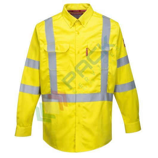 Camicia da lavoro alta visibilità ed ignifuga, maniche lunghe, 88% cotone + 12% nylon, 237 gr, omologata EN ISO 20471 + EN ISO 11612, colore giallo