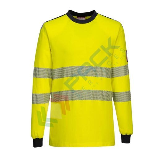 T-shirt alta visibilità ignifuga in tessuto modaflame HV (60% modacrilico + 39% cotone + 1% fibra di carbonio, 210 gr, modello WX3 maniche lunghe, CE + EN ISO 20471 Classe 3 + IEC 61482-2 + EN 1149 -5 + EN ISO 11612, colore giallo/blu navy, tg XXL