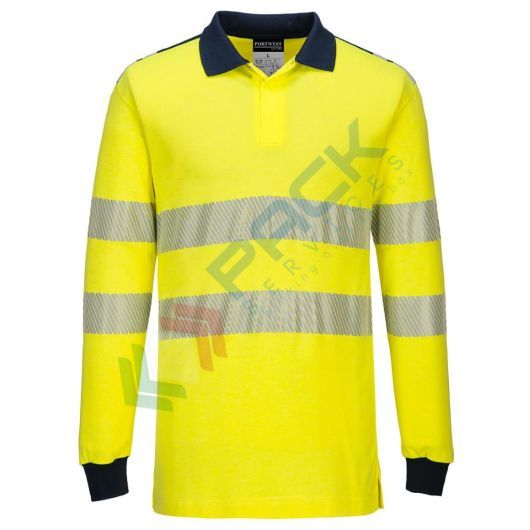 Polo alta visibilità ignifuga in tessuto modaflame HV (60% modacrilico + 39% cotone + 1% fibra di carbonio, 210 gr, modello WX3 maniche lunghe, certificata CE + EN ISO 20471 Classe 3 + IEC 61482-2 + EN 1149 -5 + EN ISO 11612, colore giallo/blu navy, tg. S