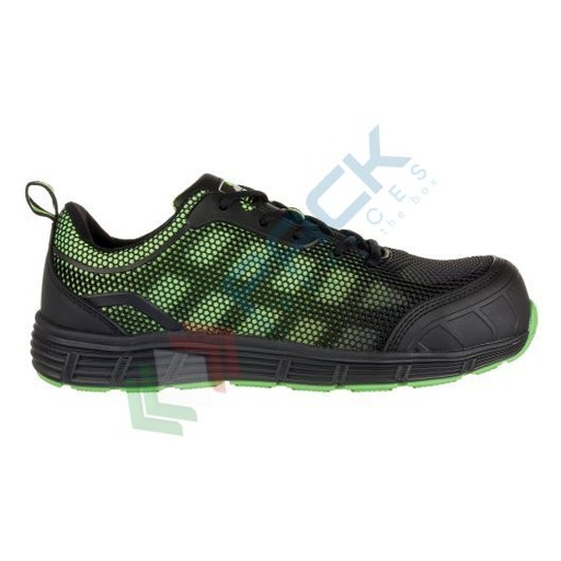 [FT35BGN40] Scarpe antinfortunistiche da lavoro S1P, basse, sportive, serie COMPOSITELITE®, in KPU/rete, puntale in composito, colore nero/verde (modello OGWEN)