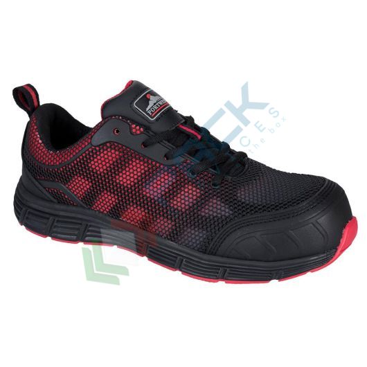 [FT35BKD46] Scarpe antinfortunistiche da lavoro S1P, basse, sportive, serie COMPOSITELITE®, in KPU/rete, puntale in composito, colore nero/rosso (modello OGWEN)
