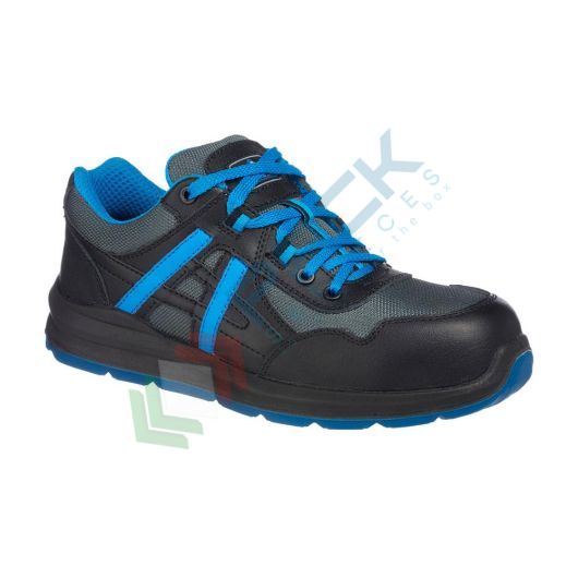 [FT60BKB48] Scarpe antinfortunistiche da lavoro S1P, basse, sportive, serie COMPOSITELITE®, in pelle scamosciata + tessuto, puntale in composito, colore nero/blu (modello MERSEY)