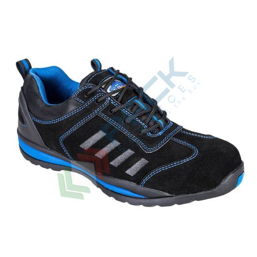 Scarpe antinfortunistiche da lavoro S1P HRO, basse, sportive, serie STEELITE®, in pelle scamosciata, puntale in acciaio, colore nero/blu (modello Safety Trainer Lusum)