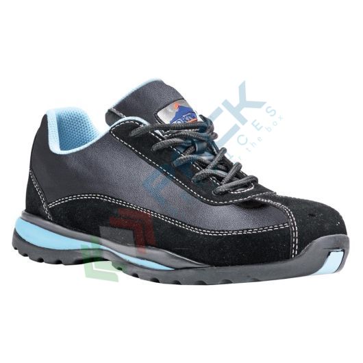 [FW39BKR42] Scarpe antinfortunistiche da lavoro S1P HRO, basse, da donna, sportive, serie STEELITE®, in pelle martellata, puntale in acciaio, colore nero/azzurro (modello Loire)