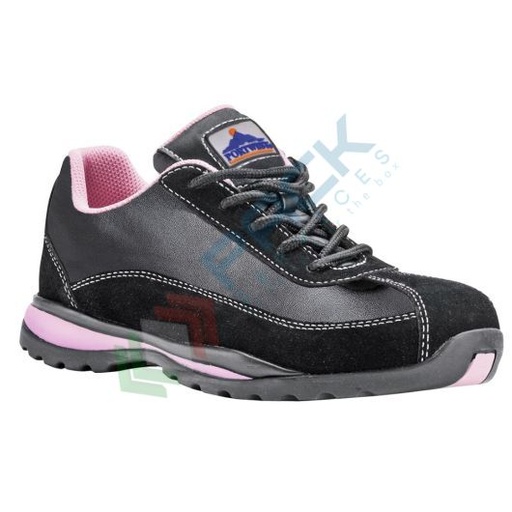 [FW39BPR36] Scarpe antinfortunistiche da lavoro S1P HRO, basse, da donna, sportive, serie STEELITE®, in pelle martellata, puntale in acciaio, colore nero/azzurro (modello Loire)