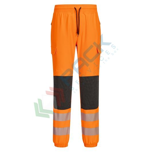 Pantaloni alta visibilità 93% poliestere + 7% elastan, 270 gr, modello PW3 Jogger stretch in 4 direzioni per il massimo comfort, omologati CE + EN ISO 20471 Classe 2, colore arancione/nero tg. S