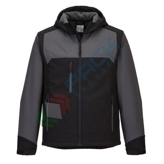 Giacca da lavoro Softshell 3 strati, 92% poliestere + 8% elastan laminato in Pile Micro Polar, modello KX3, traspirante, impermeabile ed antivento, cappuccio ergonomico, colore nero/grigio