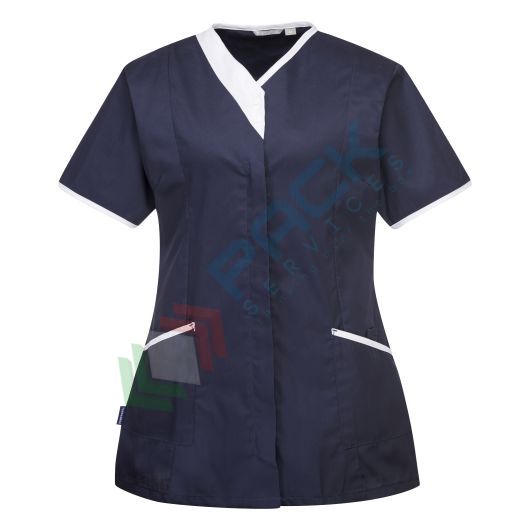 Camice da lavoro, modello sanitario, da donna, 3 tasche, 65% Poliestere + 35% Cotone, 190 gr, chiusura con zip, colore blu navy/bianco