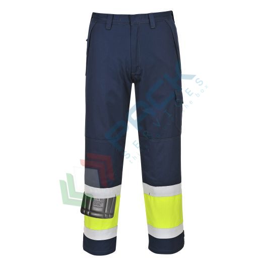 Pantaloni alta visibilità multinorma, in tessuto Modaflame Work HV (60% modacrilico + 39% cotone + 1% fibra di carbonio), 280 gr, vestibilità regular, omologati CE + EN ISO 11612 + EN ISO 11611 + EN 1149 -5 + IEC 61482-2 + EN 13034 + EN ISO 20471 Classe 1