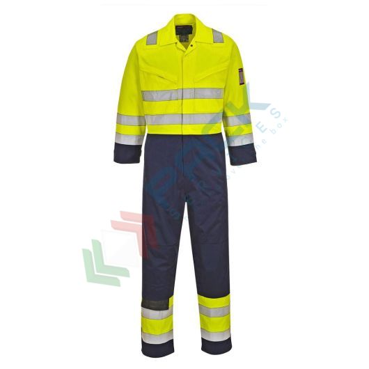 Tuta alta visibilità multinorma in Modaflame Work HV (39% cotone + 1% fibra di carbonio) 280 gr, vestibilità tall, certificata EN ISO 11612 + EN ISO 11611 + EN 1149 -5 + IEC 61482 + EN 13034 + EN ISO 20471 Classe 3, colore giallo/blu navy, tg. L