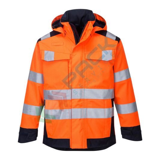 Giacca alta visibilità ignifuga e antipioggia in tessuto Modaflame Rain+ HV multi norma protezione arco elettrico, realizzata con tessuti e finiture di alta qualità, omologata EN ISO 20471 + EN 13034 + EN 343 + EN 1149 + EN ISO 11612 + EN ISO 11611 + IEC
