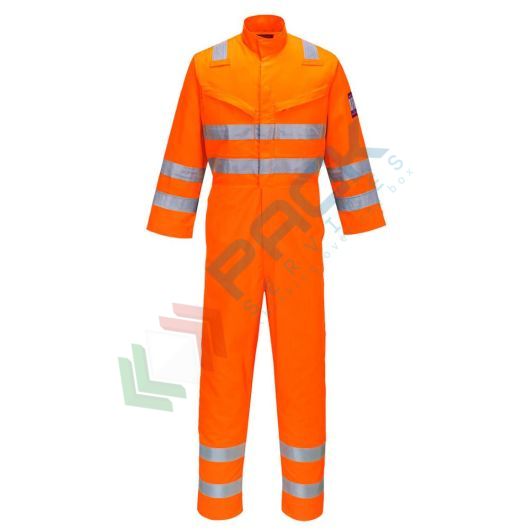 Tuta alta visibilità multinorma in Modaflame Work HV0 (61% modacrilico + 18% viscosa + 15% poliestere + 5% aramide + 1% fibra di carbonio) 300 gr, certificata EN ISO 11612 + EN ISO 11611 + EN 1149 -5 + IEC 61482 + EN 13034 + RIS 3279 TOM + EN ISO 20471 Cl