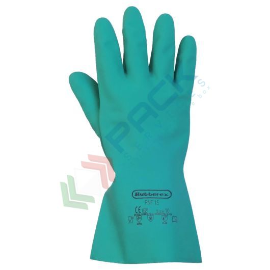 [UB-1/615-07] Guanti da lavoro protezione chimica ideali per l'industria alimentare, in nitrile antisolvente, spessore mm 0,38, lunghezza mm 330, omologati EN 388 + EN 374, colore verde, taglia 7