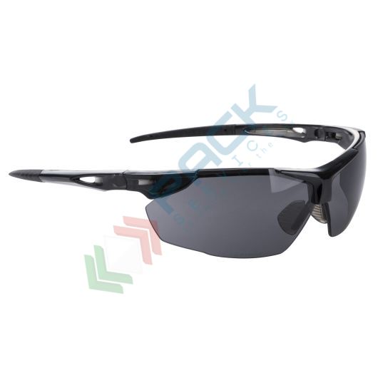 [PS04SKR] Occhiali protettivi da lavoro bilente, rivestimento antigraffio e anti appannamento, in policarbonato, EN 166 1 FT K, N + EN 170 2C-1.2 + EN 172 5-3.1, modello Defender leggero e dal look sportivo, lenti fumo