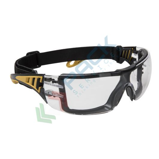 Occhiali protettivi da lavoro bilente, rivestimento antigraffio e anti appannamento, in policarbonato, EN 166 1 FT + EN 170 2C-1.2 + EN 172 5-3.1, modello Impervious Tech rivestimento oleorepellente e antisporco, lenti chiare